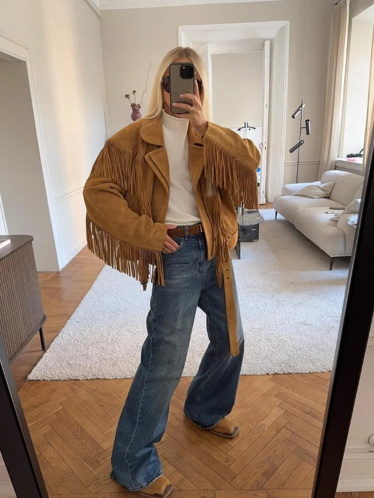 Pivottes chics patchwork brun en daim veste femmes élégants revers pleins manches zipper lâche manteau automne mode femelle street street 250922