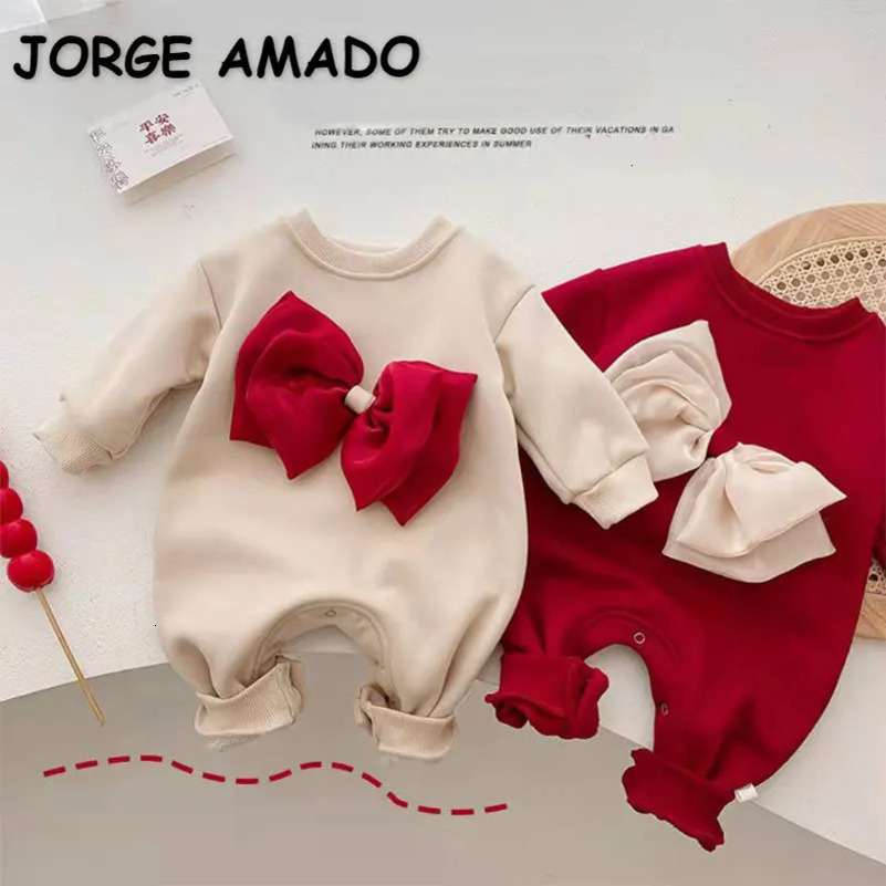 winter baby girl one-piece red apricot tree long sleeved wool thick round neck bow O-neck jumpsuit born clothing E3800 241206