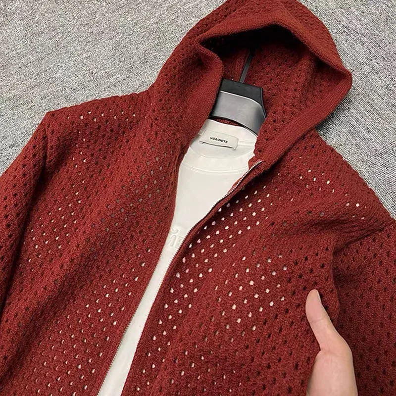 Hollow out hooded fashionable knitted cardigan mens spring autumn zipper solid color highend personality casual sweater coat 250922BJ