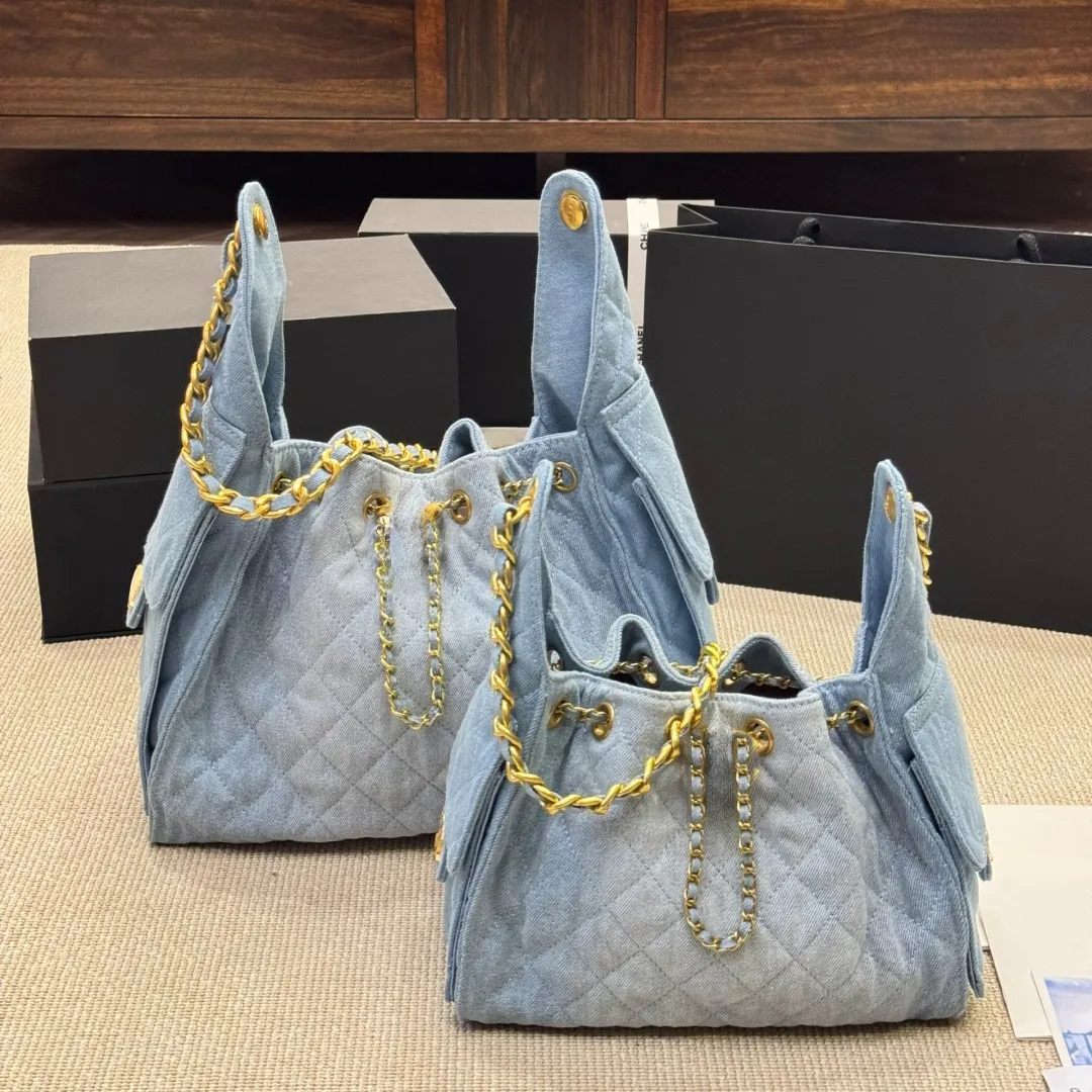 Designer Denim Hobo Bag: Luxury Leather Shoulder Handbag - Multi-Pocket Tote, Lambskin & Caviar Cowhide