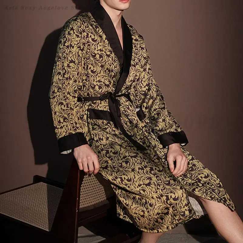 Spring Summer New Nightgown High Quty Mens Slpwear Robe Satin Print Bathrobe Kimono Long Slve Home Wear Boyfriend Gift L2509253HEO