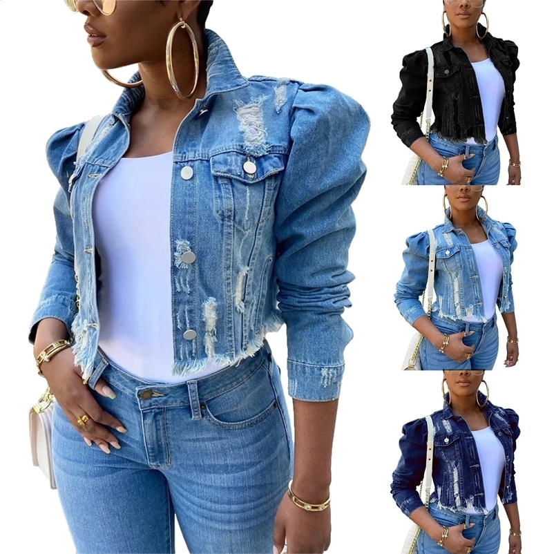 Y2k Womens Ripped Denim Jacket Casual Long Puff Sleeve Button Down Cropped Jean Coats for Fall 240812