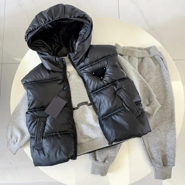 designer kids Vest hoodie set girls Coat skirt sets toddlers clothing three-piece sets children baby clothes spring autumn winter Youth black gre-image-1077076836