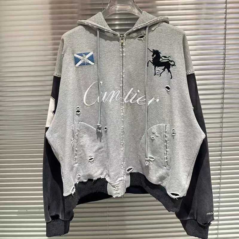 Splice Color Project GR Embroidery Flag Warhorse Zipper Hoodie Jacket Men Women Loose Washed Vintage Hole Damaged Pullovers T250926