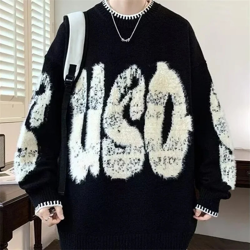 Letter Jacquard ONeck Knitwear Mens American Fashion Retro Knitted Sweater Autumn Hip Hop Long Sleeve Y2K Pullovers 250922BJ