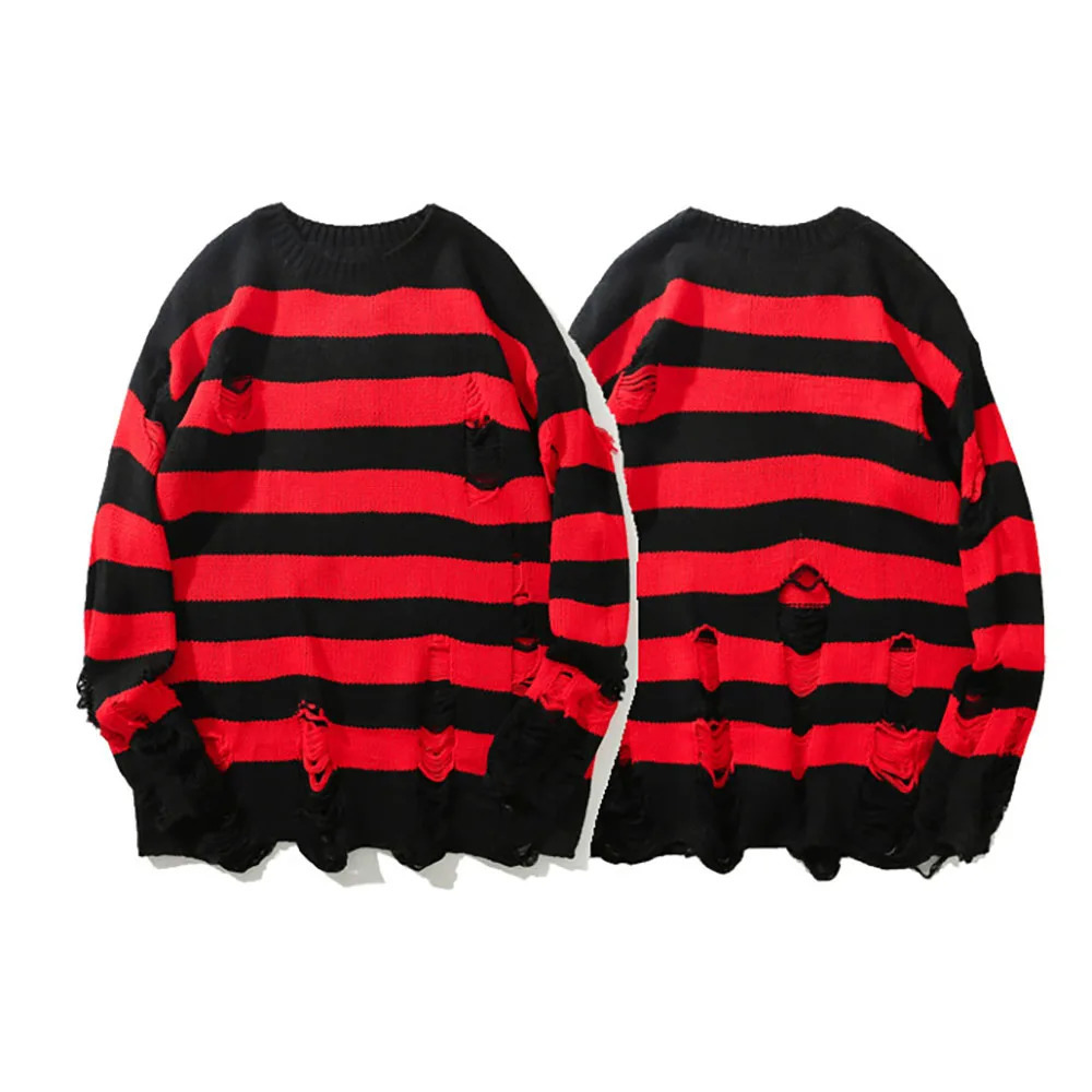 Autumn Winter Color Blocking Stripe Sweaters Destroyed Ripped Fashion Sweater Mens Pullover Knitwear Oversize Streetwear 250922BJ