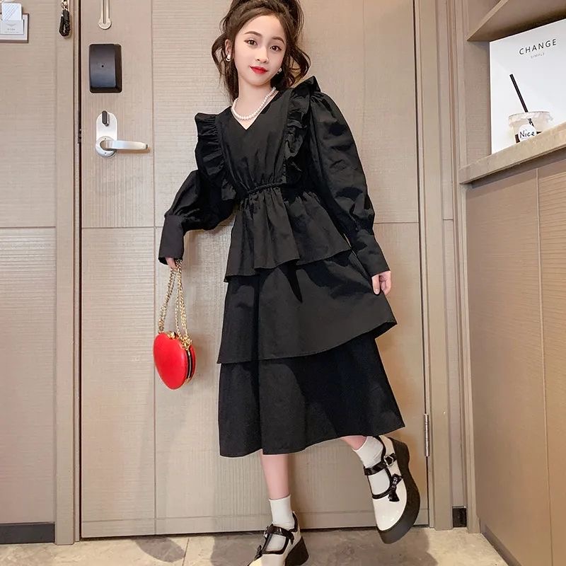 D385 Girls dress 2025 hot style checkerboard cotton princess dress girls French retro bubble two-piece dress-image-1077167193