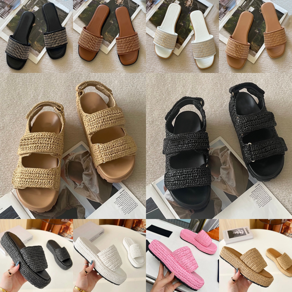 Designer Slippers Women Fashion Sandals Slip On Black White Brown Pink Casual Flat Slides Lady Summer Moccasins Beach Wedges Straw Platform Flip-image-919265620