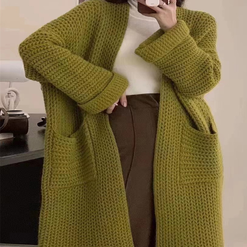 Womens Knits Tees Winter Long Cardigan Women Oversized Thick Knitted Sweater Female Vintage Casual Solid Cardigans Ladies Elegant Loose Jumper 23082