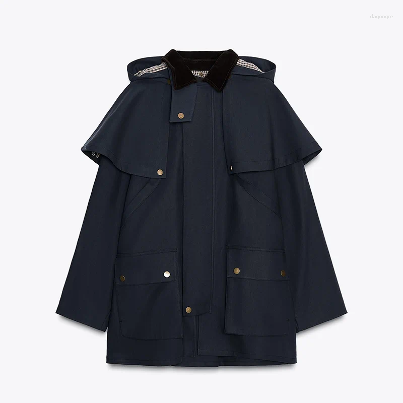 Damesjassen mode dames casual mantel jas marine blauw trendy veelzijdige afneembare hoed jas 2025 herfst vrouwelijk streetwear