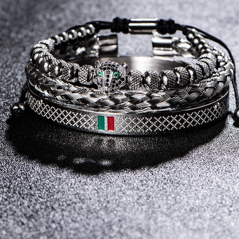 luxury handmade braiding bracelet stainless steel jewelry bracelet men 3pcs bracelet pave CZ leopard head enamel green bracelet gold bangle designer