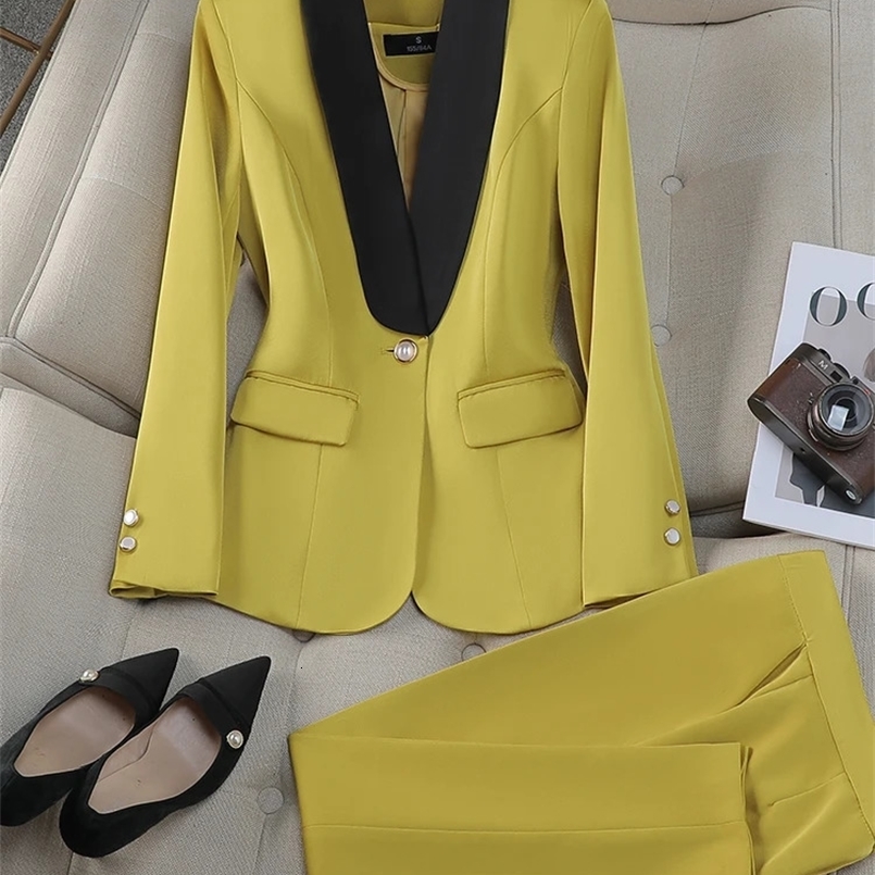 Bureau dames pantalon costume femmes jaune rouge violet abricot femme affaires vêtements de travail veste Blazer et pantalon formel 2 pièces ense