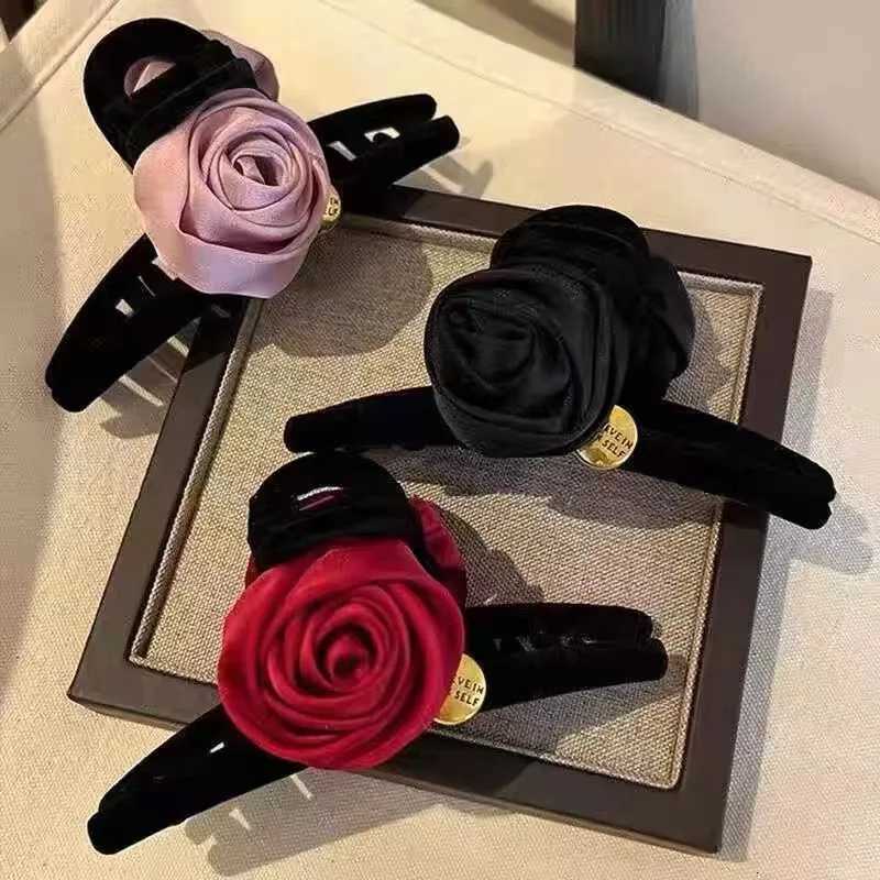 Luxurious Rose Fabric Hair Claw Silk Satin HighEnd Floral Grip Clip for Ponytail Shark Hair Clip hair accessory W250928-image-1077411253