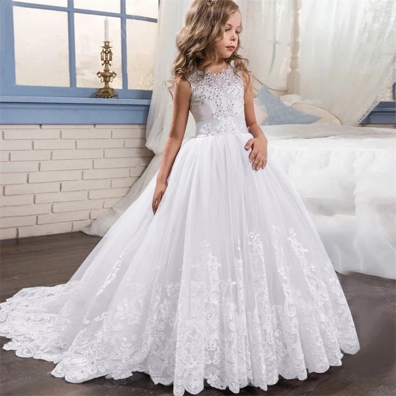 Teen Girls Weddings Tailing Birthday Party Dresses Elegant Evening Children Bridesmaid White Long Prom Gown 12 13 14 Years L26922