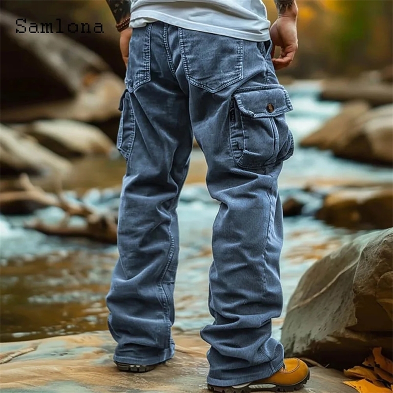 Pantalon Cargo en velours côtelé pour hommes, mode européenne, avec poche sur pied, pleine longueur, grande taille, pantalon de survêtement droit
