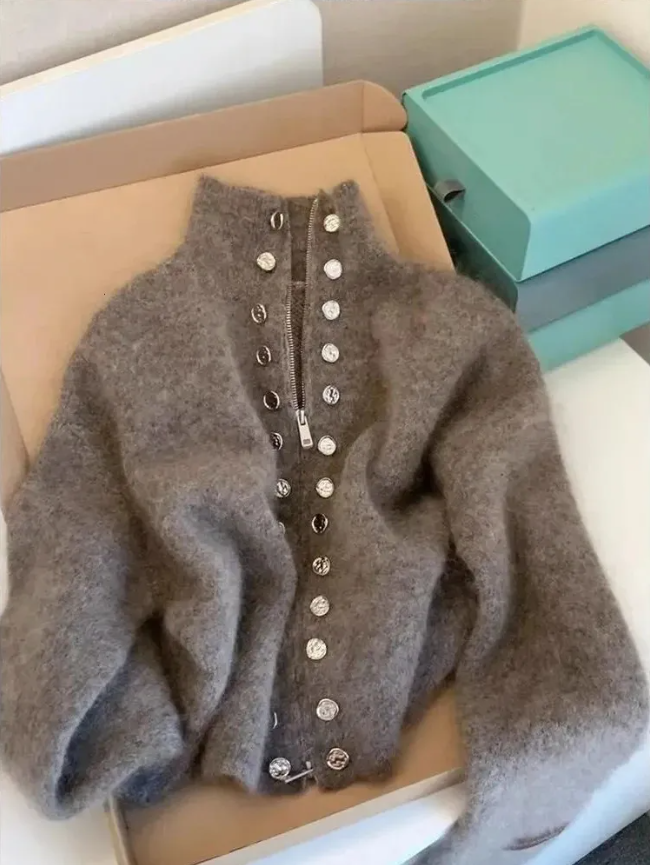 2025 Pull de cardigan en tricot moelleux avec veste de pull à double poitrine pour femmes en automne à la fermeture à glissière paresseuse 2000
