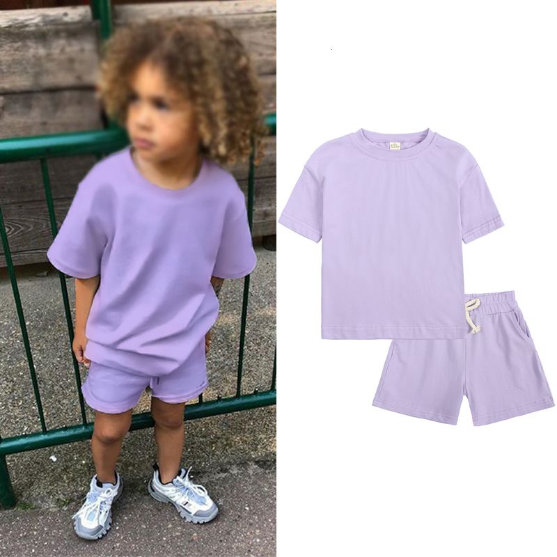 K441 Clothing Sets Toddler Boys Girls Summer Sport Clothes Kids Solod Color Cotton Casual Crewneck Short Sleeve TShirt Shorts Children Outfits-image-1077709576