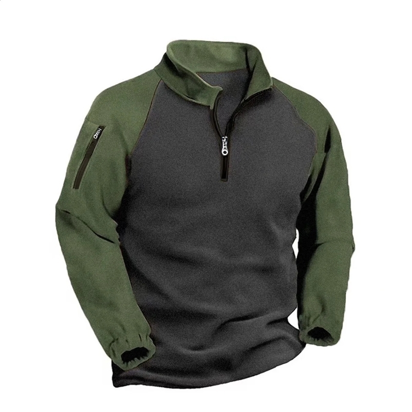 Mens Tactical Wool Sweatshirt Flip Collar Dress Warm Autumn Winter Double sided Patchwork Mens Zipper Thick Coat 241226