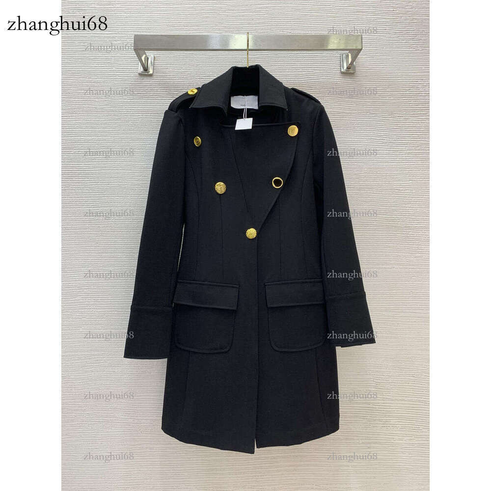 High-Quality Women's Long Trench Coat Designer Style Black with Gold Cuffs High Fashion Suitable for Formal Occasions Autumn Long Coat Waist-Ci