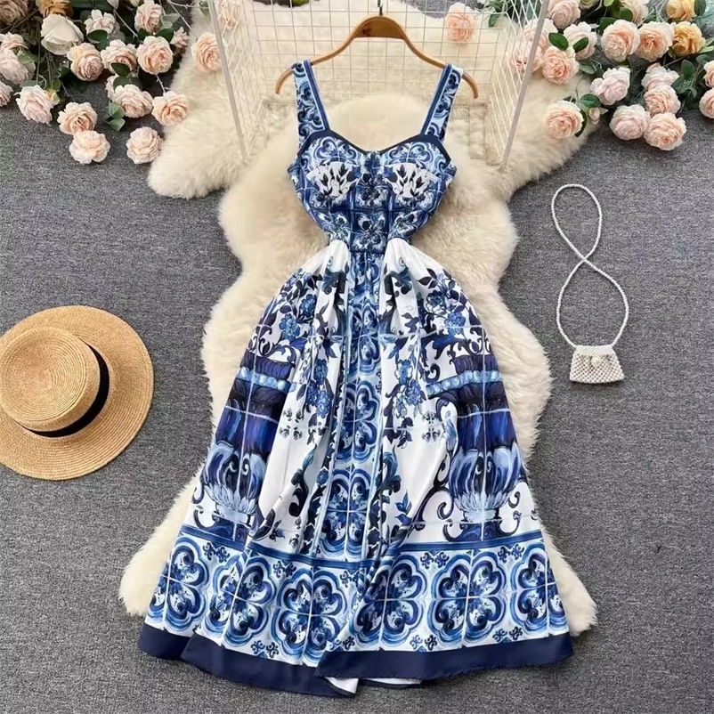 Summer Hoiday Blue And White Porcelain Flower Printing Cotton Dress Women Spaghetti Strap Zipper Elastic Backless Midi Vestidos 240419