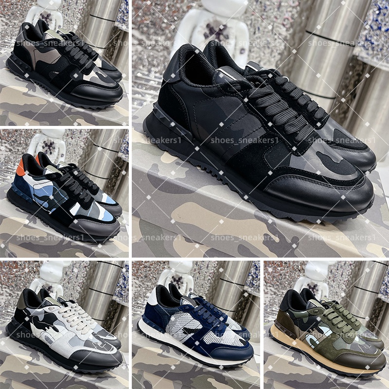 mens designer shoes mens trainers Rockrunner Camouflage Men trainers Casual Sneakers High Quality Leather Platform Rivet Trainers Outdoor Running Sh