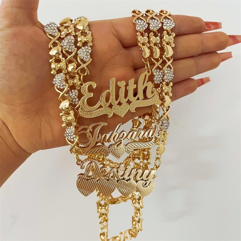Personalized Teddy Bear Chain Name Necklace with Diamond 3D Double Layer Name Board DIY Custom Name Necklace Gold Womens Gift 241118