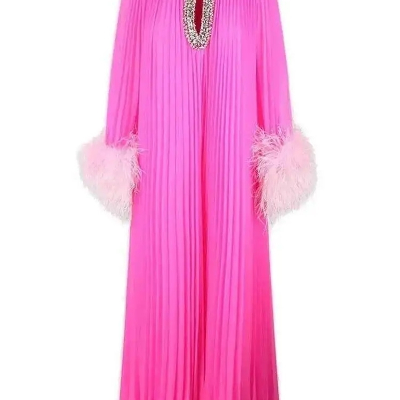 IEQJ pleated feather diamond patchwork womens long sleeved loose elegant dress clothing 36A2956 250427