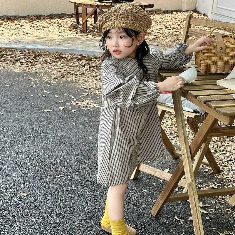 D398 Girls&#039; skirt striped irregular collar long dress princess skirt 24 spring and autumn new foreign trade children&#039;s clothing deliver-image-1077509934