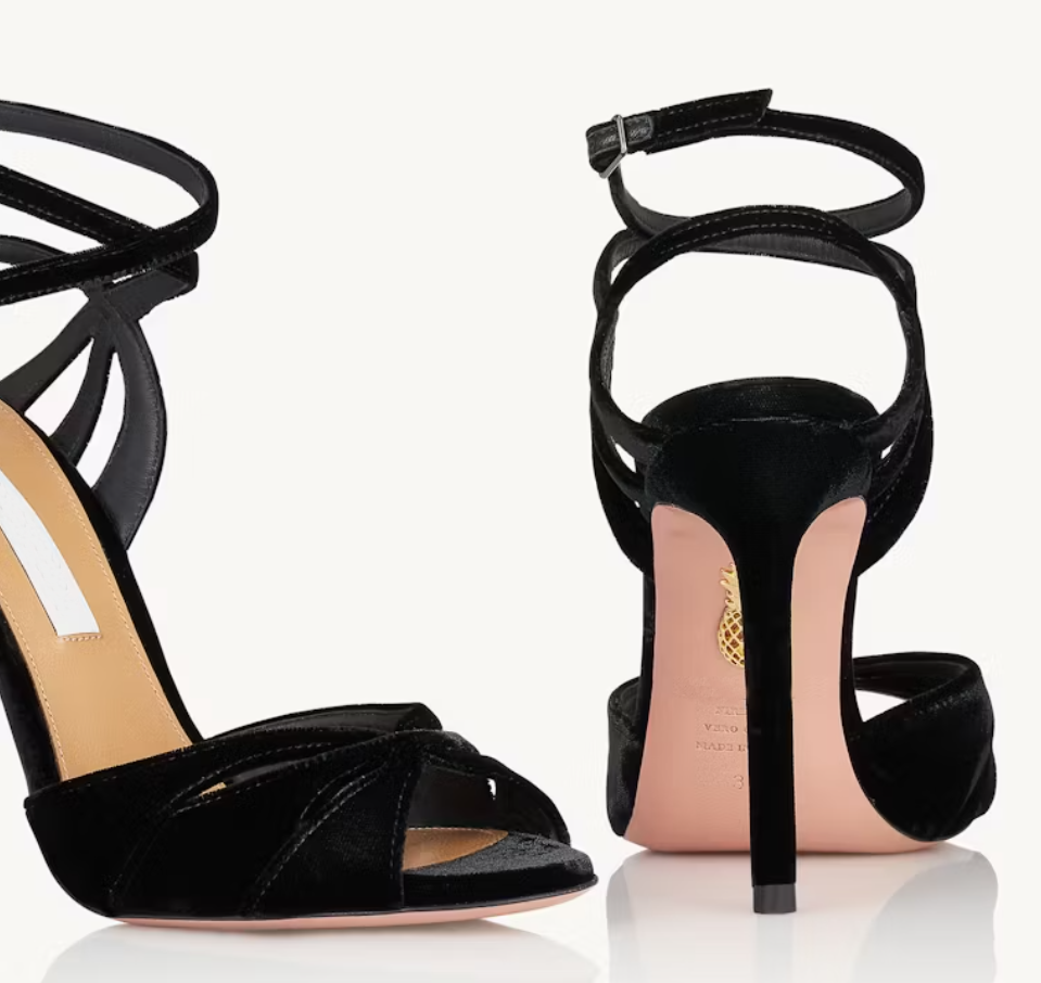 Woman Elegant Aq Moves Sandals Open toes ankle straps sexy stiletto heels in black velet god leather high heels wedding party for lady Luxury des