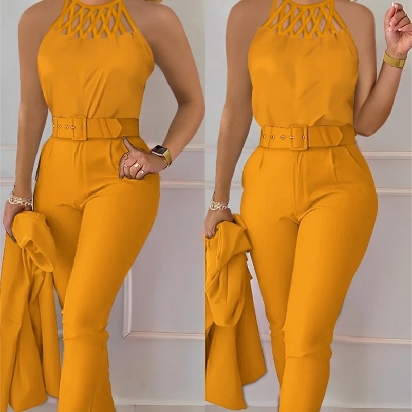 Two piece womens clothing summer fashion hollow outer round neck sleeveless vest and casual pocket daily pants set 250320 L260612