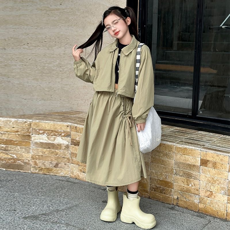 D400 Girls Korean style work skirt suit 2024 autumn girl temperament skirt spring and autumn children&#039;s casual wear two-piece suit-image-1077509716