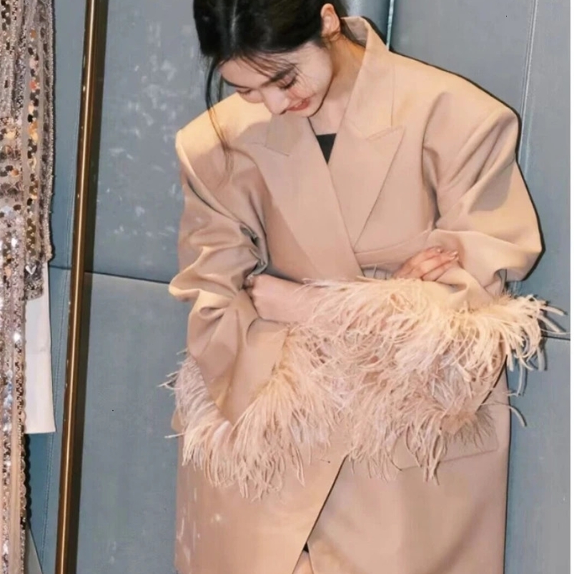 Office Lady Heavy Industry Ostrich Fur Suit Autumn Loose Slimming Socialite Double Breasted Suit Jacket Blzer Women 240715