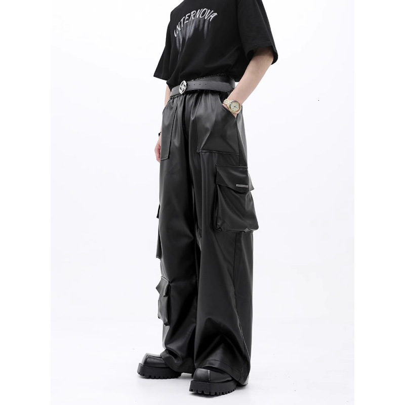 American High Street Functional Style Leather Pants for Men Spring and Autumn HipHop Trendy Loose Fit Youth Sports WideLeg Long Pants 250919