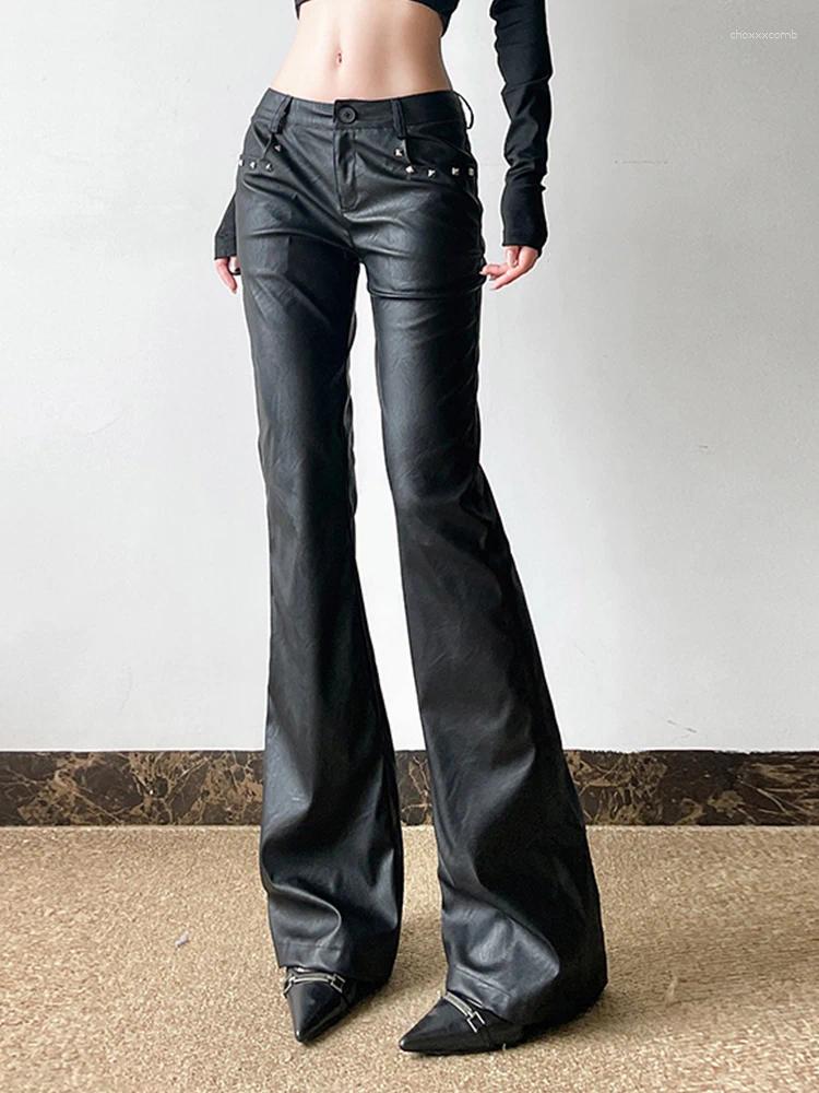 Women's Pants 2025 Autumn Winter PU Low Rise Goblin Core Faux Leather Trousers Bell Bottom Gothic Japanese Y2k Stretch 2000s