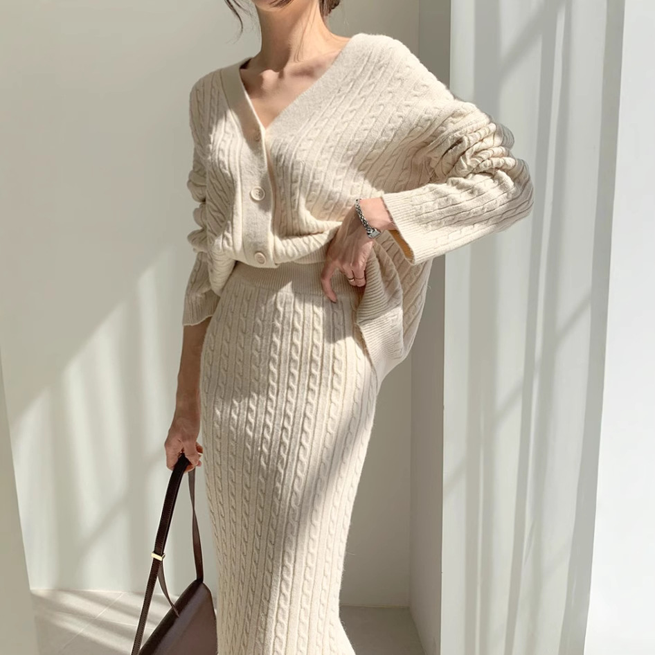 Autumn Winter Women's V-neck Linen Knitted Dress Sets Fashion Cardigan Sweater High Waist Wrap Hip Skirt Two Piece Sets R250930