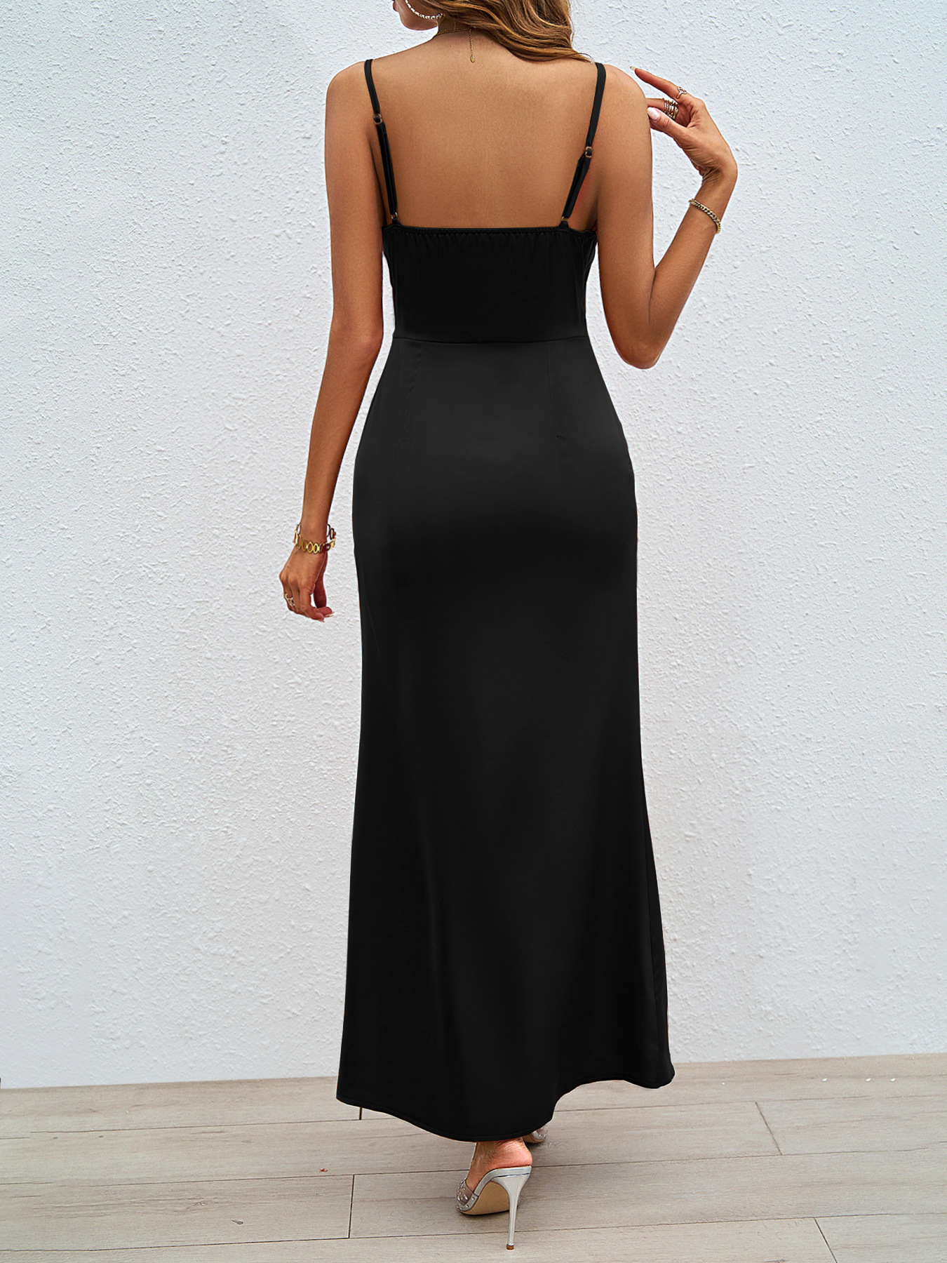 (516) Ladies summer new sexy square neck halter back suspender dress slit dress female