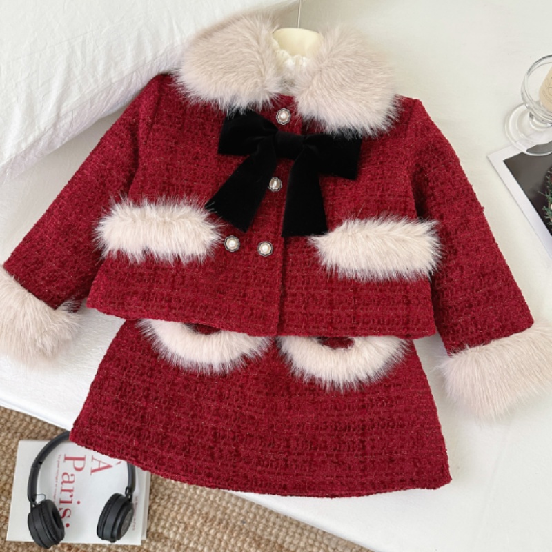Tweed Childrens Clothing Sets Small Fragrance Coat Skirt 2pcs Suit Outfit Plus Velvet Thicken Kids Clothes Autumn Winter Baby Girls Boutique Clot-image-1087662496