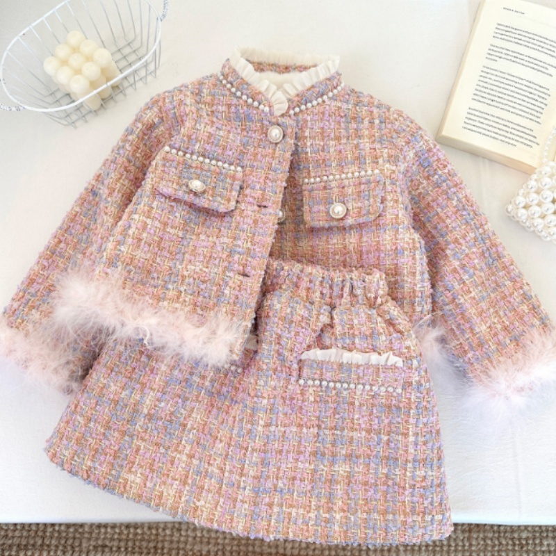 Elegant Childrens Clothing Sets Tweed Small Fragrance Coat Skirt 2pcs Suit Outfit Plus Velvet Thicken Kids Clothes Autumn Winter Girls Bouti H251-image-1087662518