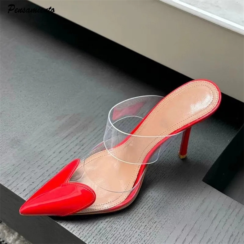 Élégant Toe pointu Transparent Pvc Heart High Heels Mules Chaussures Slipper Femmes Noir blanc rouge Y Ner Pompes 241224