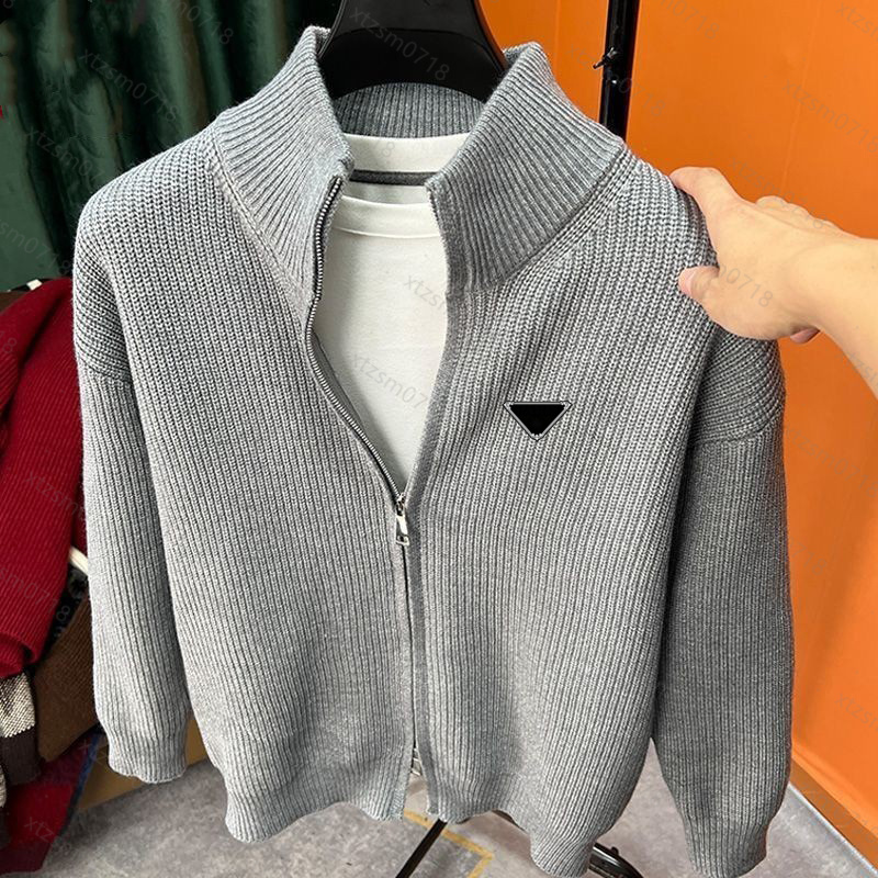Designer sweater mens knit zipper triangle cardigan thread o round neck high neck collar womens fashion letter white black long sleeve clothing pull