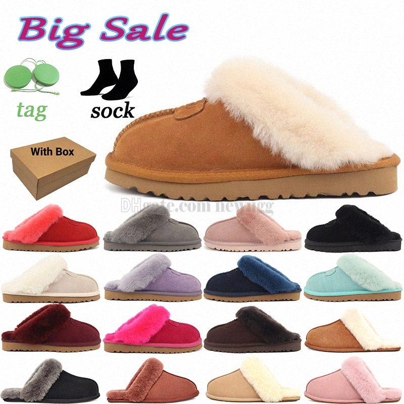 Designer Scuffette II Suede Upper Fur Slippers Flat Winter Scuffs Slides Women Mens Classic Furry Slippers Slip On Sandals Warm Basic Pd6uV#