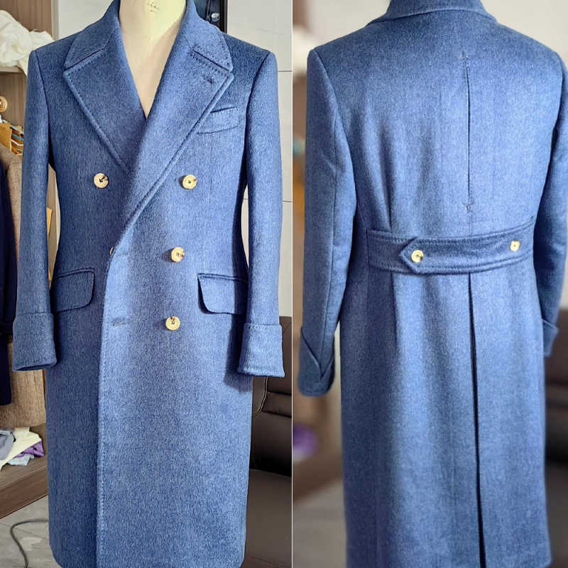Vintage Men Coat Double Breasted Peaked Lapel Wool Blend Long Warm Overcoat Plus Size Winter Business Jacket Customized One Piece