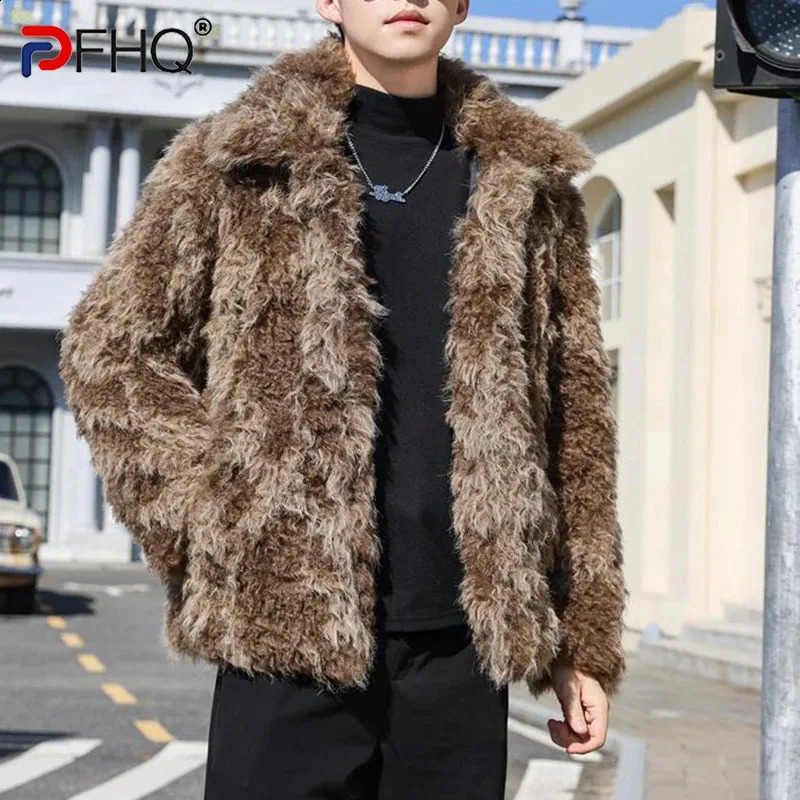 PFHQ Mens Faux Fur Coat Long Sleeve Contrast Color Turndown Collar 2024 Autumn Winter Warm Korea Fashion 241223Z