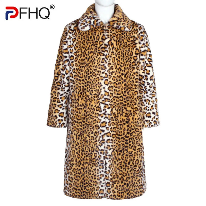 PFHQ Mens Fur Warm Coat Leopard Print Jacket Contrast Color 2024 Long Sleeve Turndown Collar Male Tops 21Z8039 241223Z