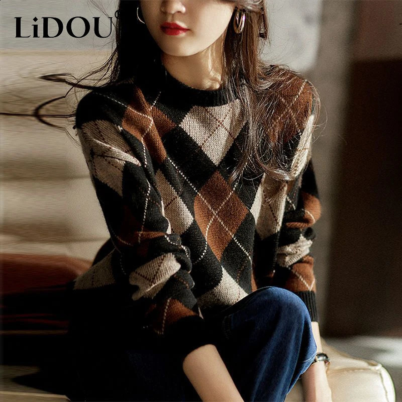 Automne Hiver Rond Cou Nou Prismatique Pull vintage Vintage dames lâche Allmatch Pullver Cashing Fotting Top 241231