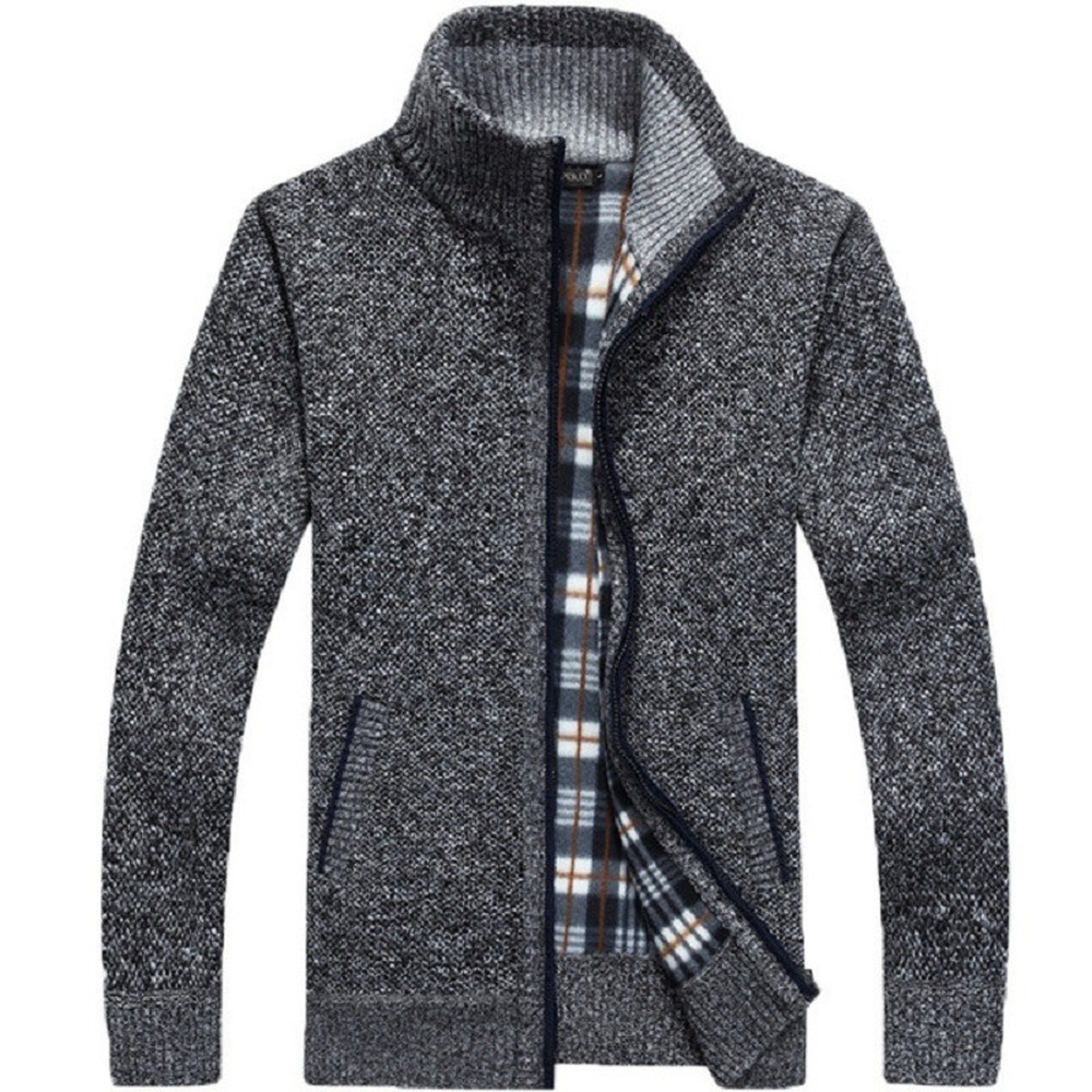 Winter Thick Men's Knitted Sweater Coat Off White Long Sleeve Cardigan Fleece Full Zip Male Causal Plus Size Clothing for Autumn