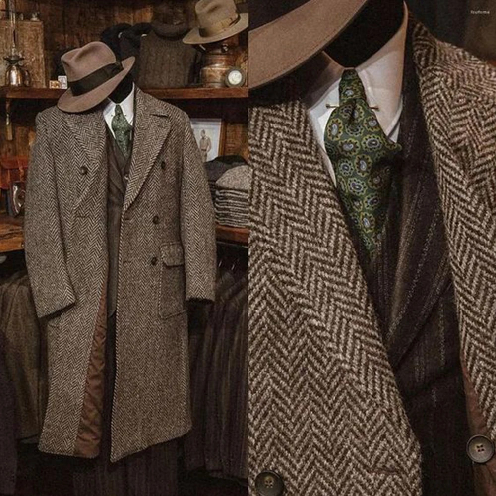 2024 Mens Herringbone Pattern Tweed Long Jacket Slim Fashion n Jackets Winter Clothing Casual Business 241224Z