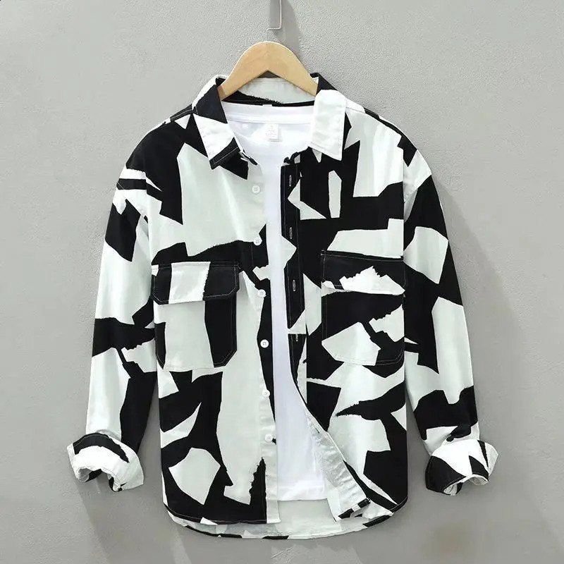 Spring Autumn Fashion Printing Irregular pattern POLO collar Long sleeve Mens Clothing blouse Casual Single breasted Shirts 241224Z