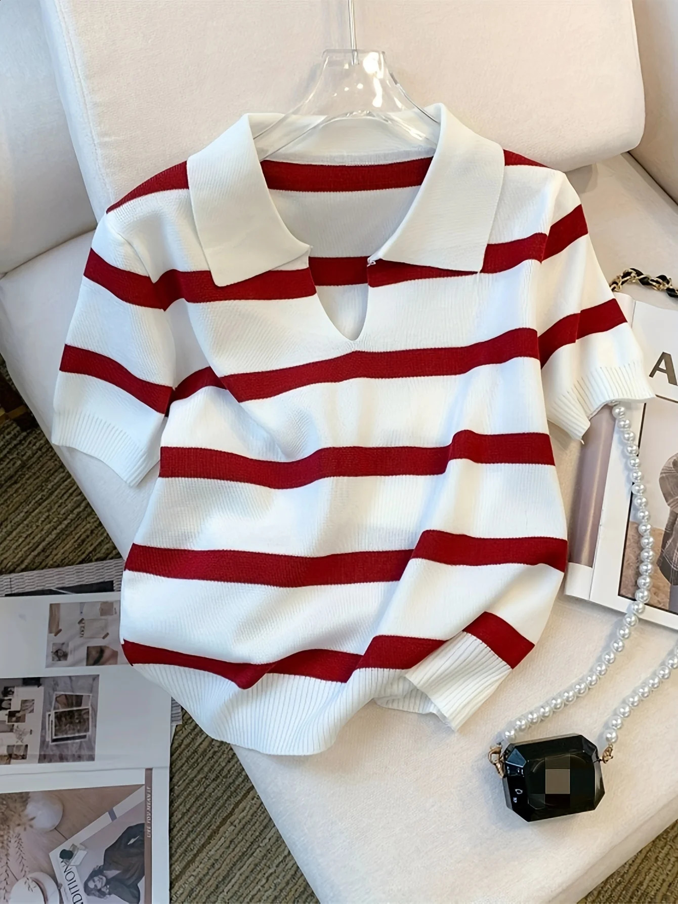 2024 Striped Pattern Collared Sweater Versatile Short Sleeve Knitted Top For Spring Summer Womens Clothing Crop 241231Z