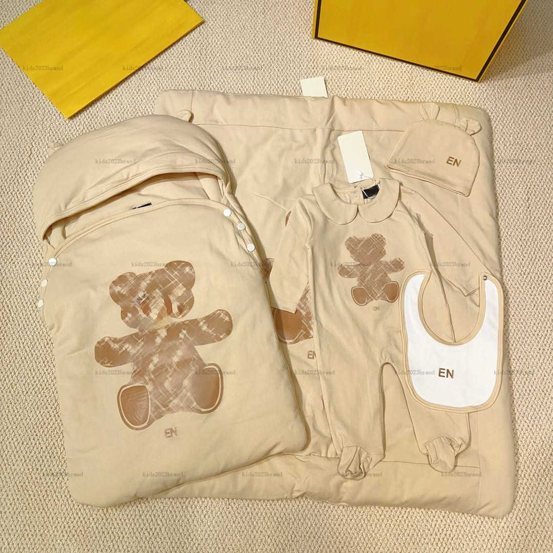 New kids jumpsuits designer infant Five piece set Doll bear print newborn baby bodysuit Hat Bib Blanket and Embrace a quilt-image-1040198876